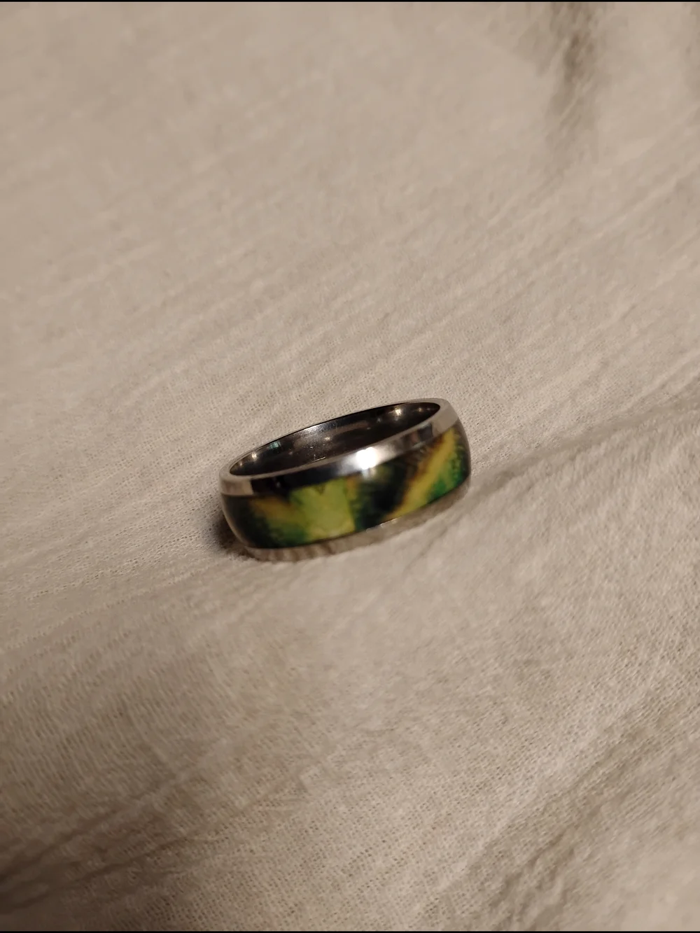 Men's Stainless Steel Ring with Green, Brown and Yellow Wood Inlay